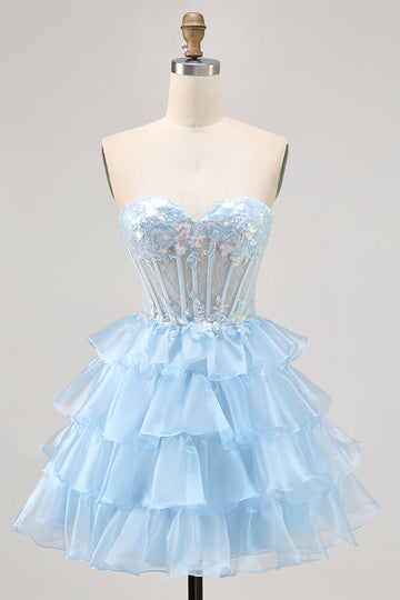 Tiered Sequin Blue Strapless Corset Cocktail Dress